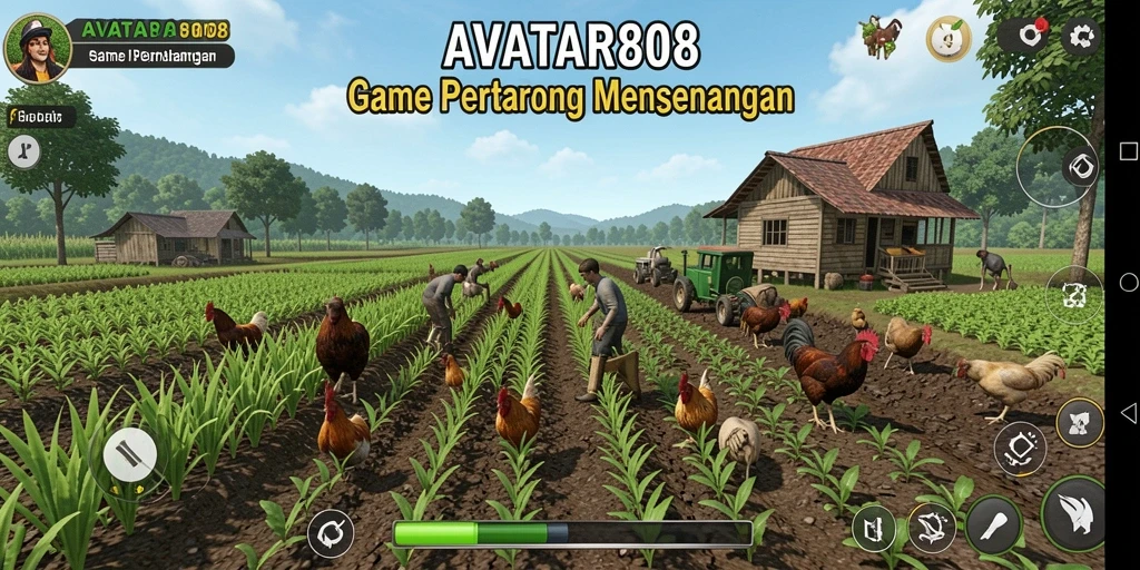 Tangkapan layar gameplay <strong>AVATAR808</strong> menampilkan suasana pertanian yang cerah dan aktif.