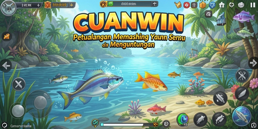 Tampilan gameplay CUANWIN yang menarik saat memancing di lokasi indah.