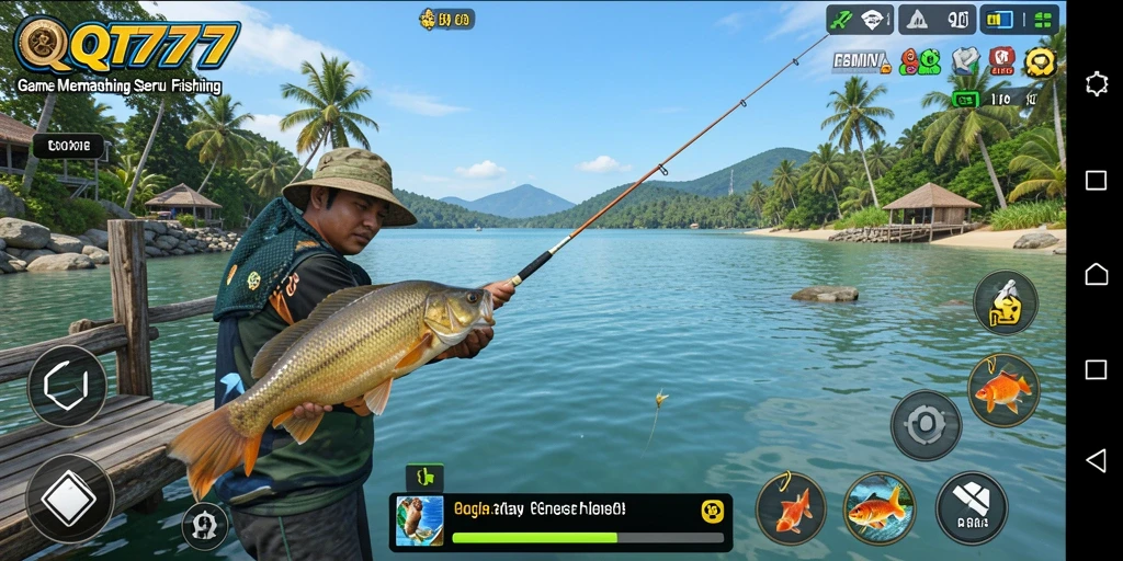 Tampilan gameplay QT777 saat menangkap ikan di lokasi indah.