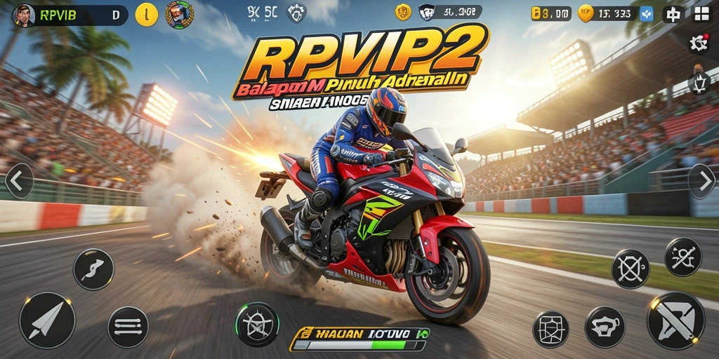Tampilan gameplay RPVIP2 yang mendebarkan dalam balapan motor.
